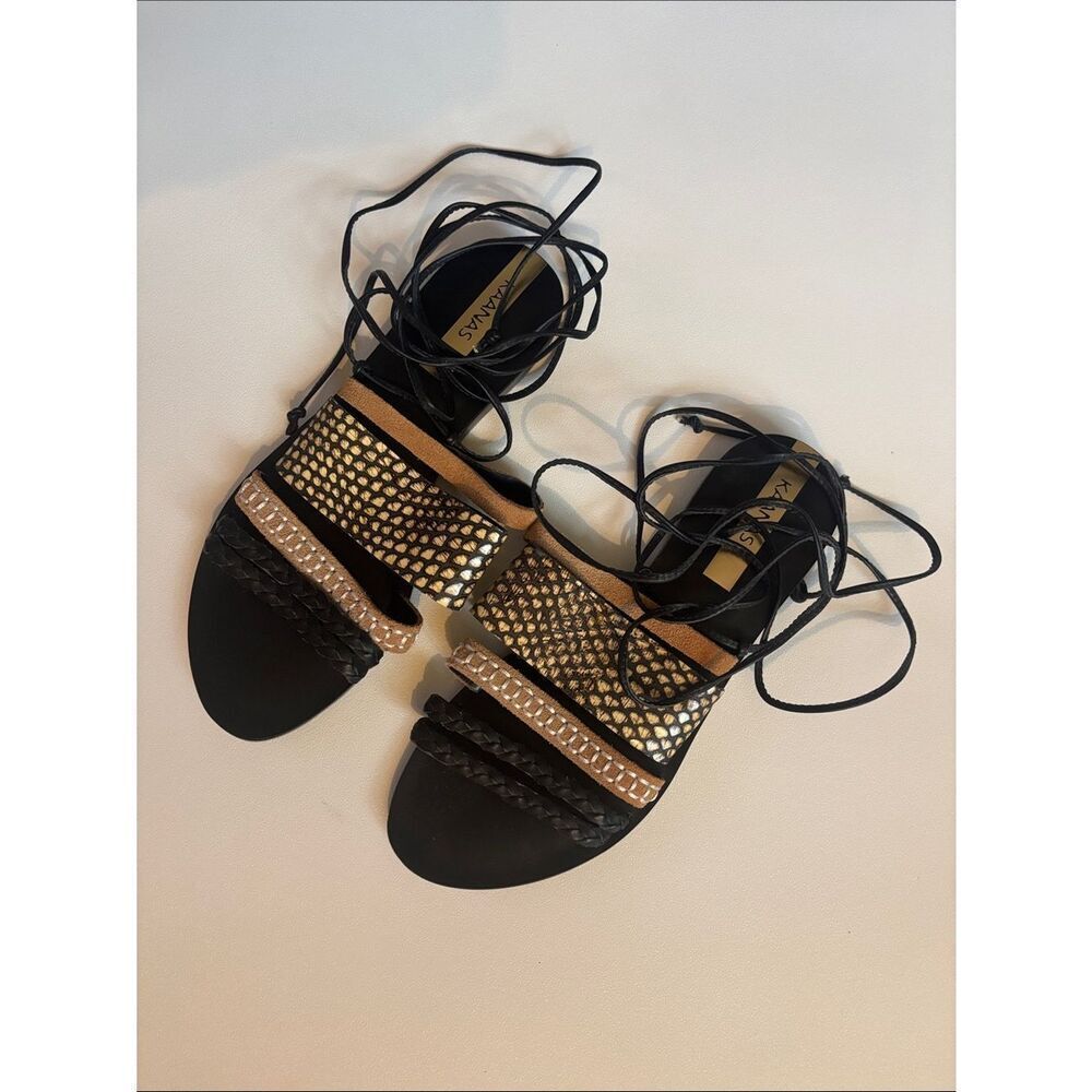 Kaanas Strappy leather Tie Sandals ~ Braided / Snake-Print Strap Size 8~ New